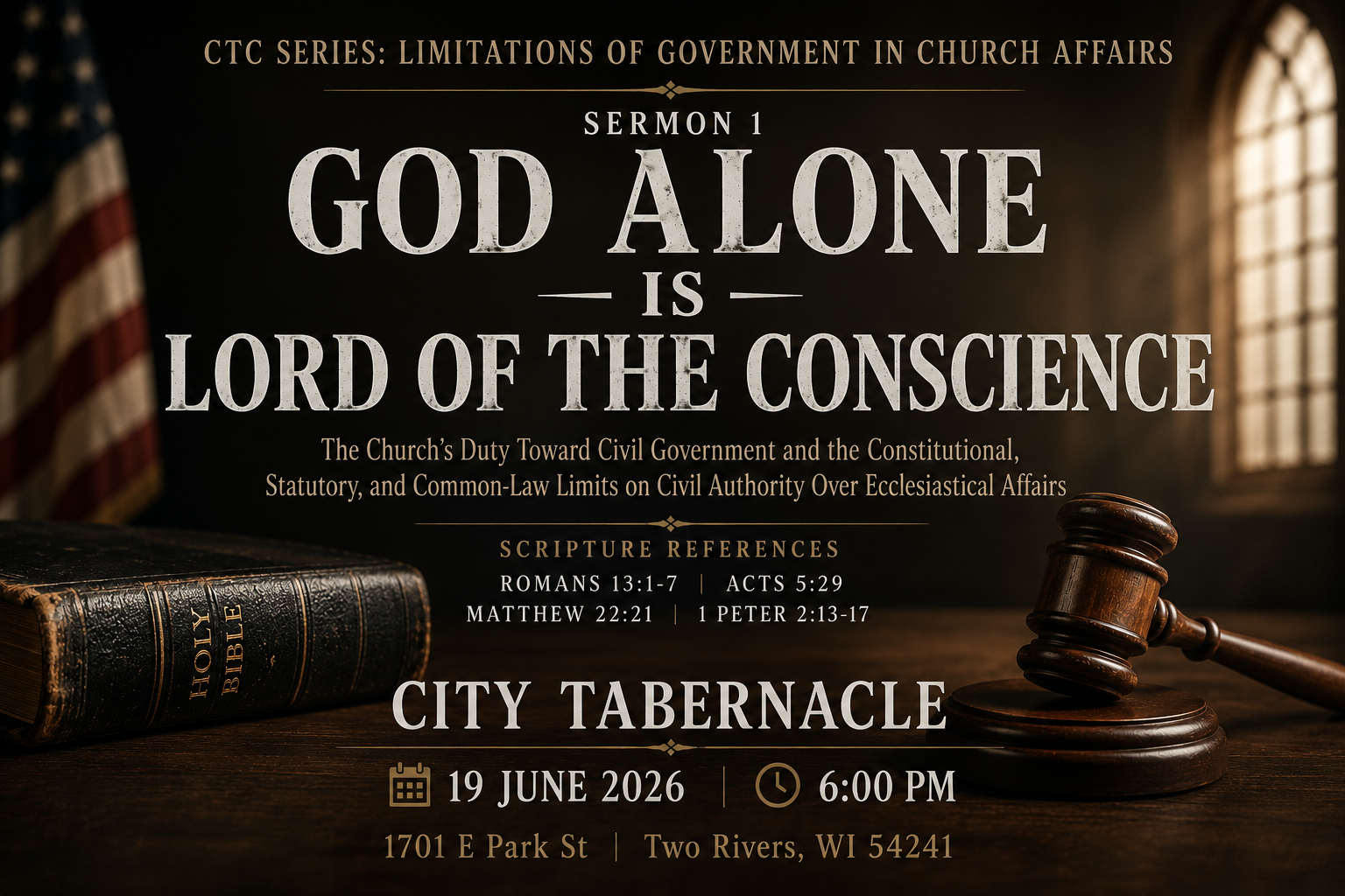 Sermon One: God Alone Is Lord of the Conscience establishes the foundational claim of the series: civil government is ordained by God but limited by God. The church must honor lawful authority, yet no magistrate may define worship, prescribe ministry, judge ecclesiastical legitimacy, or command the conscience. Christ alone is Head of the church, and civil authority may examine objective facts only within lawful jurisdiction, never becoming lord over doctrine, worship, schedule, ministry, or spiritual identity.